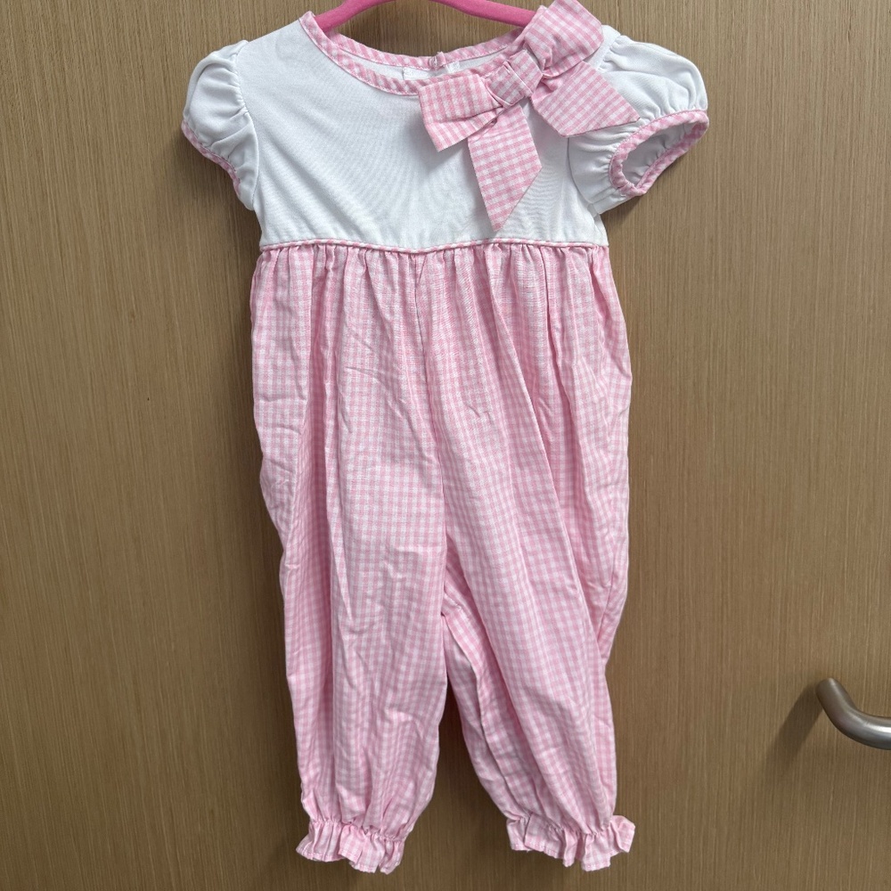 Little English - Bow Avenue Romper - Pink Gingham - 6M